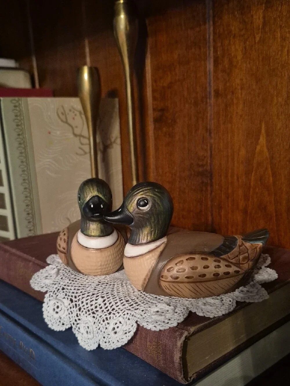 Vintage Ceramic Hand Painted Brown and Green Decorative Duck Pair